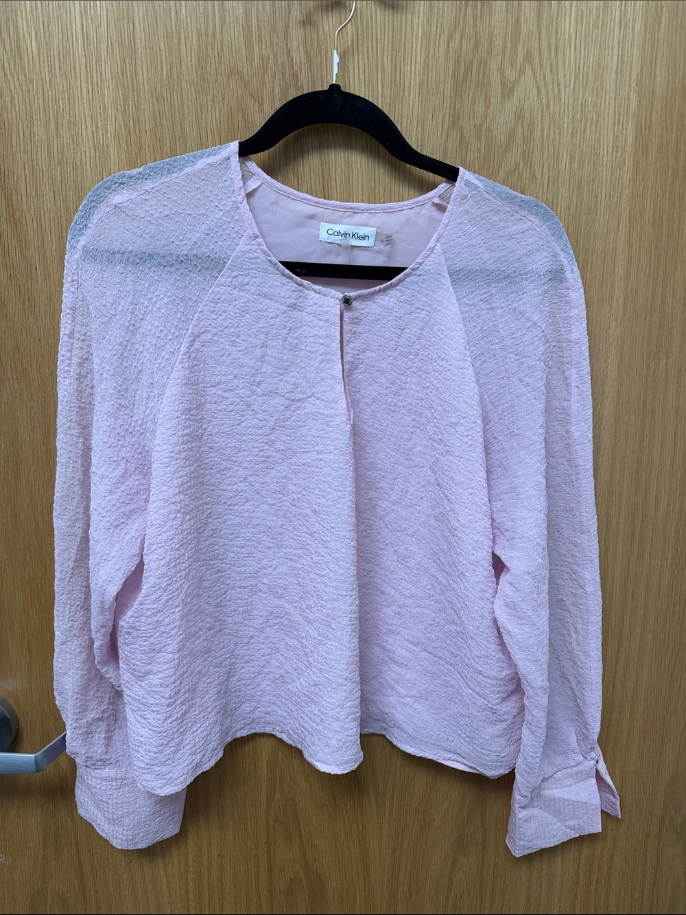 Calvin Klein Soft Barbie Pink V-Neck Textured Long-Sleeve Business Casual Blouse - Picture 10 of 10